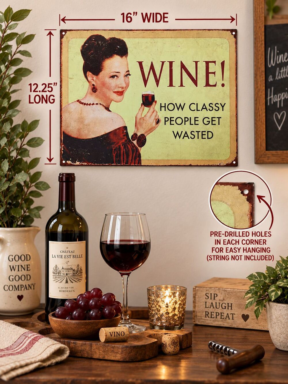 Vintage Style Wine Metal Tin Sign 16x12.25 Funny Bar Kitchen Wall Decor Classy